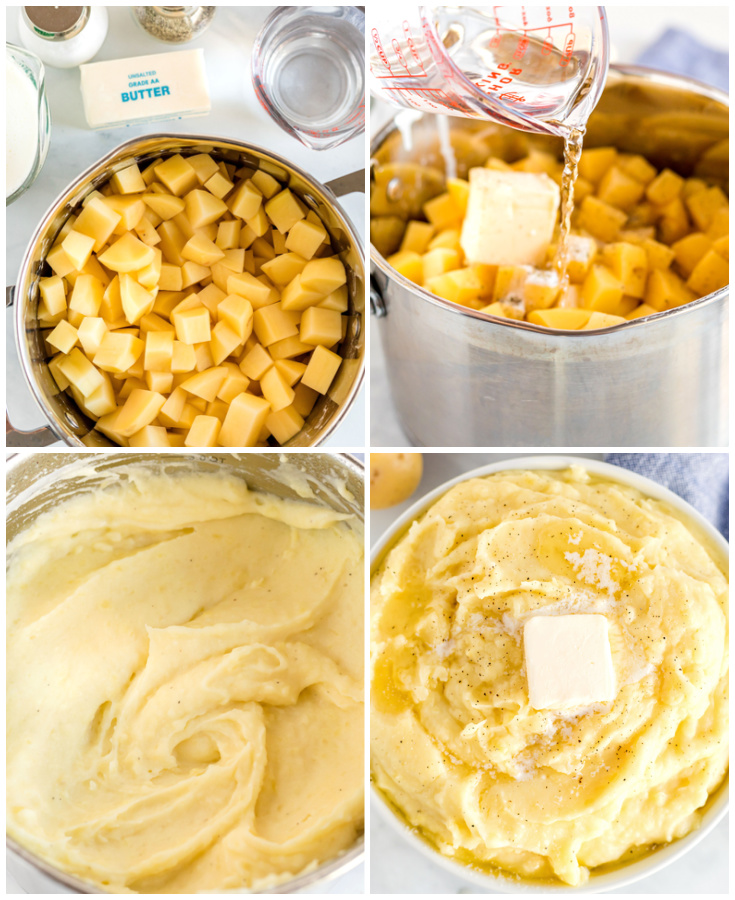 A picture collage of how to make this buttermilk mashed potatoes recipe.