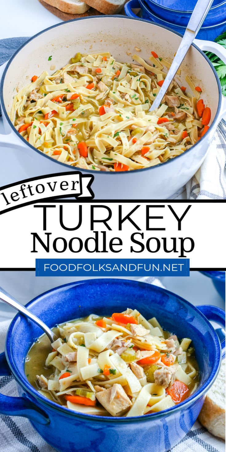 This Leftover Turkey Noodle Soup recipe is a great way to use up leftover turkey. It’s a hearty soup that’s perfect for weeknight dinners any time of the year. via @foodfolksandfun