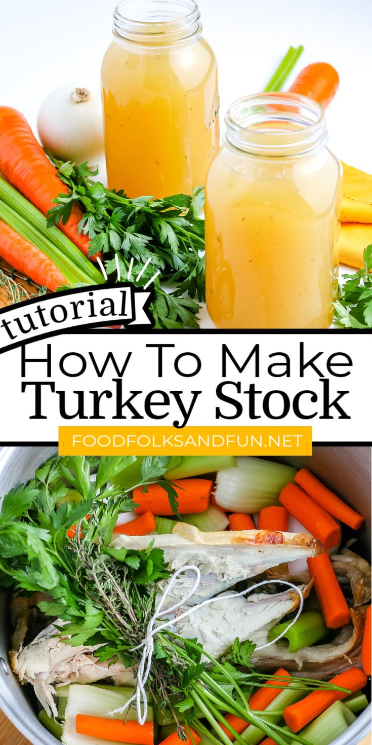Learn How To Make Turkey Stock from a turkey carcass and a few extra ingredients like herbs, onions, celery, carrots, water, and peppercorns. via @foodfolksandfun