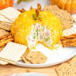 A pumpkin shaped cheese ball on a white platted surrounded by crackers.