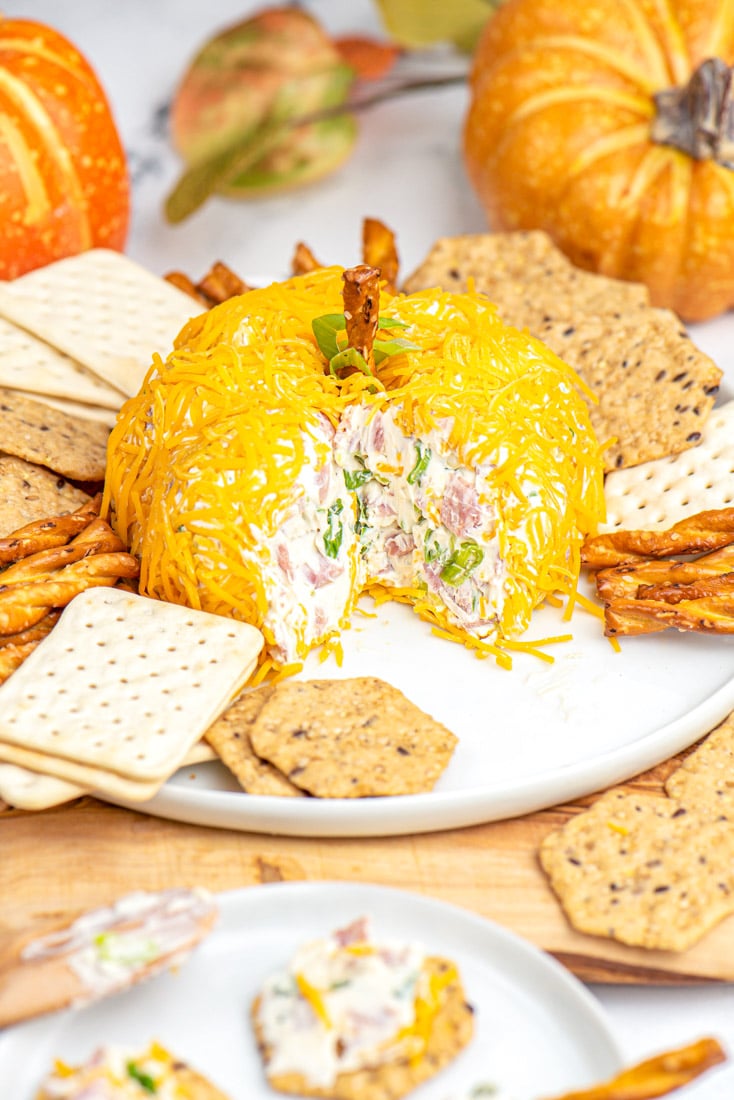 A pumpkin shaped cheese ball on a white platted surrounded by crackers.
