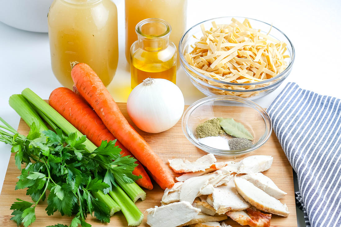 All of the ingredients needed to make this Turkey Noodle Soup recipe.