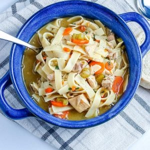 A close up overhead picture of the finished Turkey Noodle Soup.