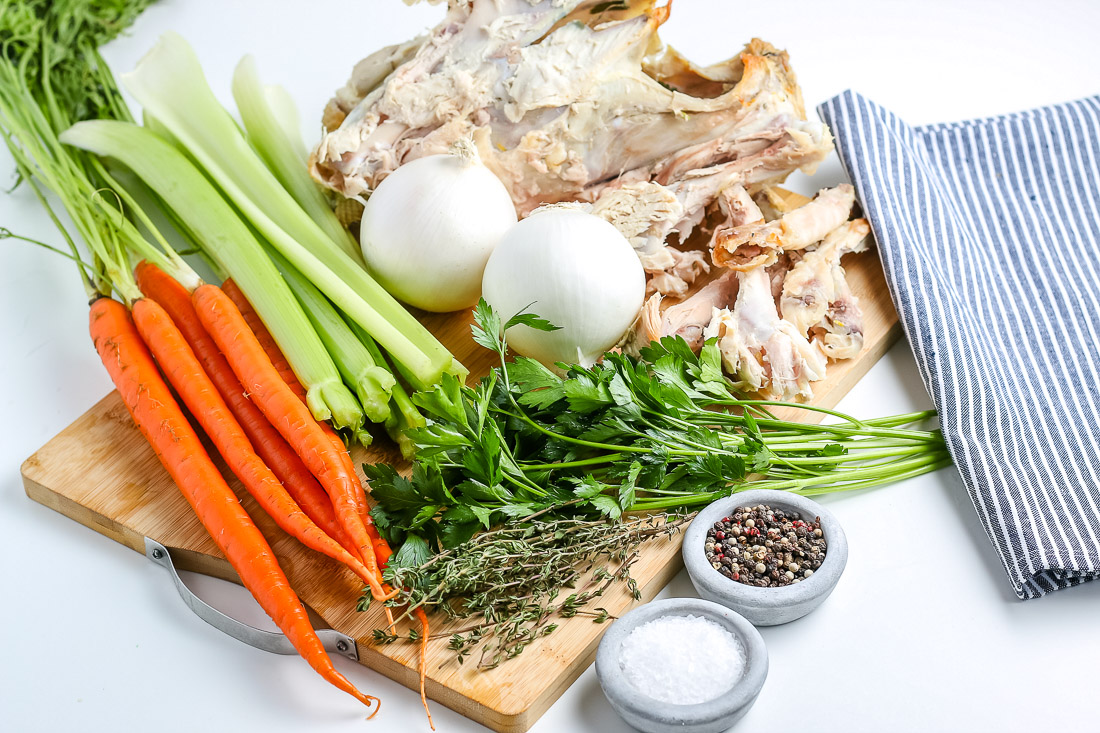 All of the ingredients needed to make this turkey stock recipe.