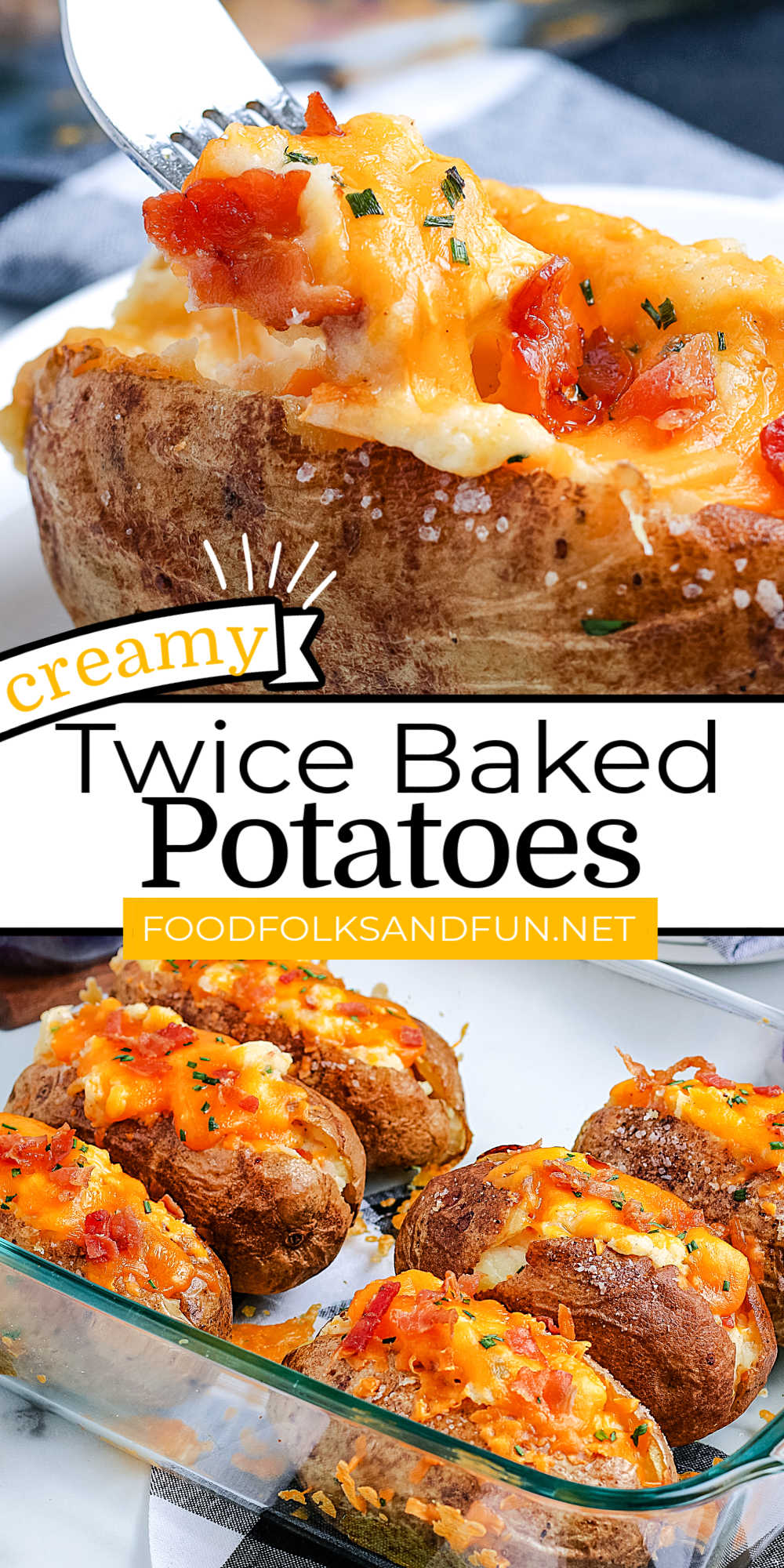This Twice Baked Potatoes recipe is creamy, cheesy, and loaded with bacon, sour cream, and chives. They’re the ultimate comfort food side dish. via @foodfolksandfun