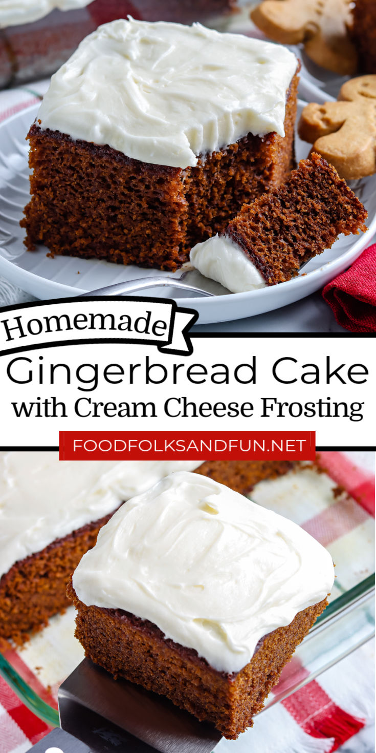 This Gingerbread Cake With Cream Cheese Frosting is an easy sheet cake recipe. It’s perfectly spiced, festive, and great for holiday entertaining because it makes 15 servings. via @foodfolksandfun