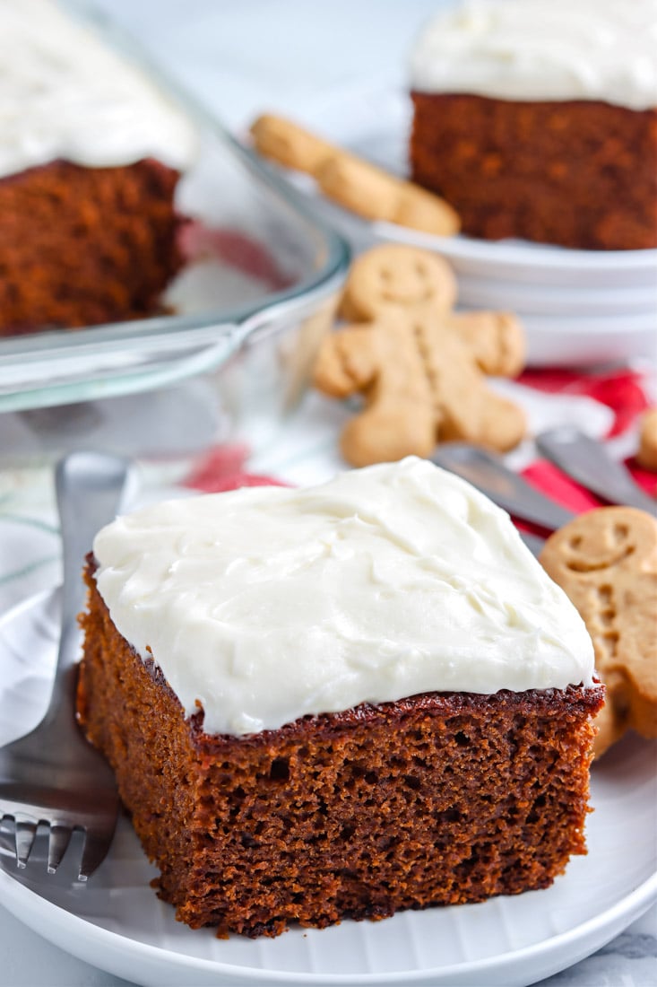 A piece of gingerbread cake on a white plate.