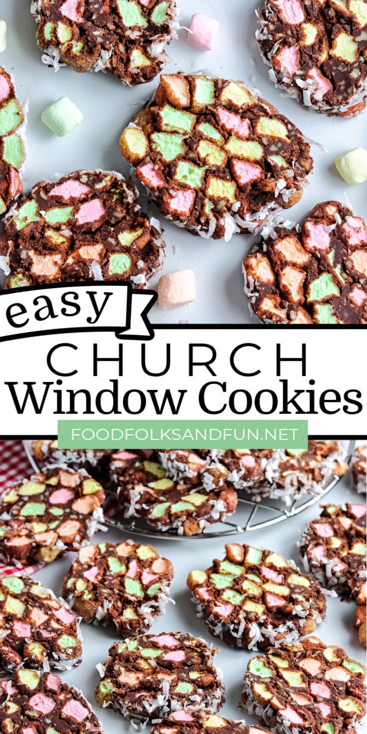 These Church Window Cookies are easy no-bake chocolate, marshmallow, and coconut cookies that are fun to make and a little something different for your cookie trays. via @foodfolksandfun