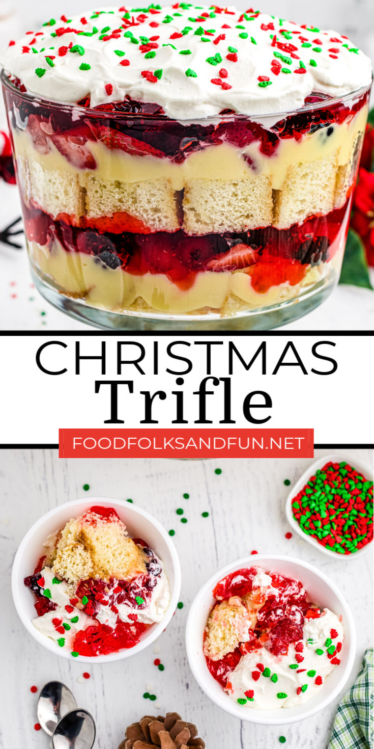 Christmas Trifle is a variation of the classic English Trifle recipe. It’s a versatile recipe that can use a variety of berries, cake, and even pudding. via @foodfolksandfun