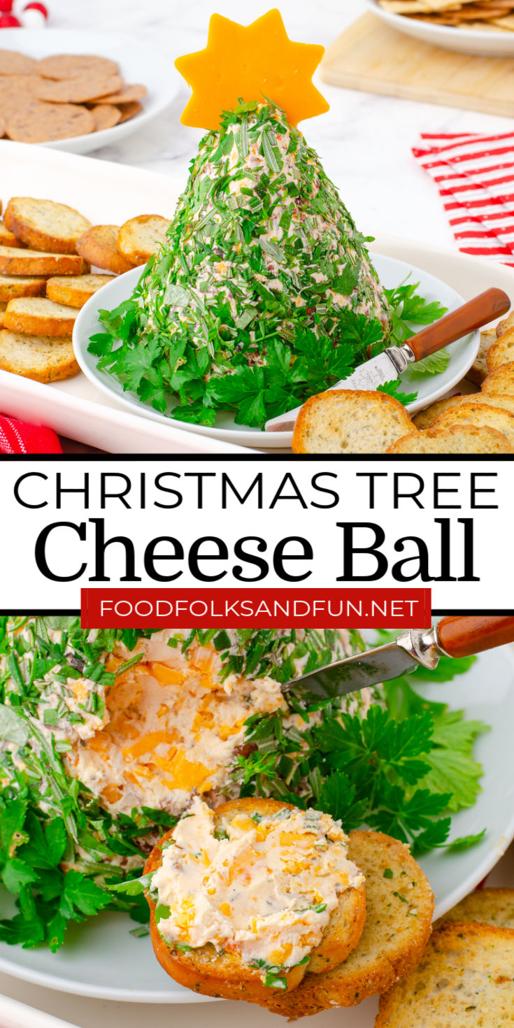 This Christmas Tree Cheese Ball recipe is a fun and festive sun-dried tomato and herb cheese ball perfect for holiday entertaining. via @foodfolksandfun