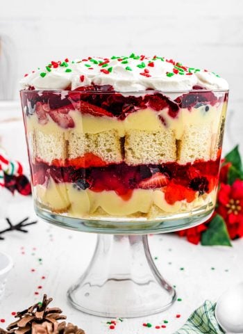 The finished Christmas Trifle in a trifle dish.