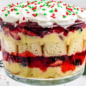 A close up picture of the finished Christmas Trifle recipe in a clear glass trifle dish.