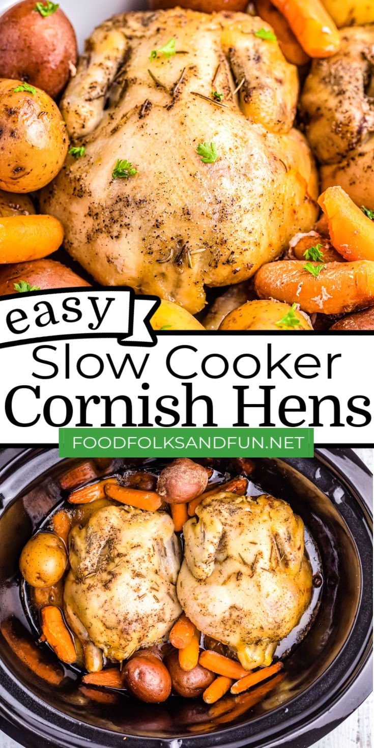 These Slow Cooker Cornish Hens are tender, juicy, flavorful, and easy to make. The veggies are cooked with the game hens in the Crockpot for a complete meal. via @foodfolksandfun