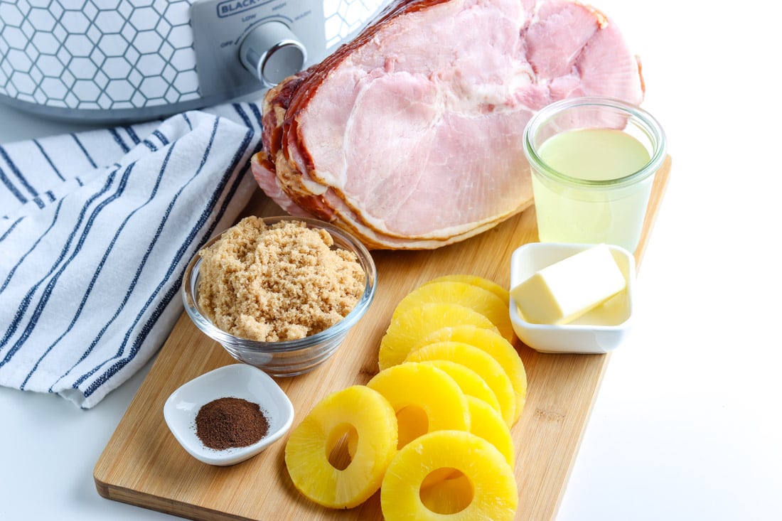 All of the ingredients needed to make this Crockpot Spiral Ham recipe.
