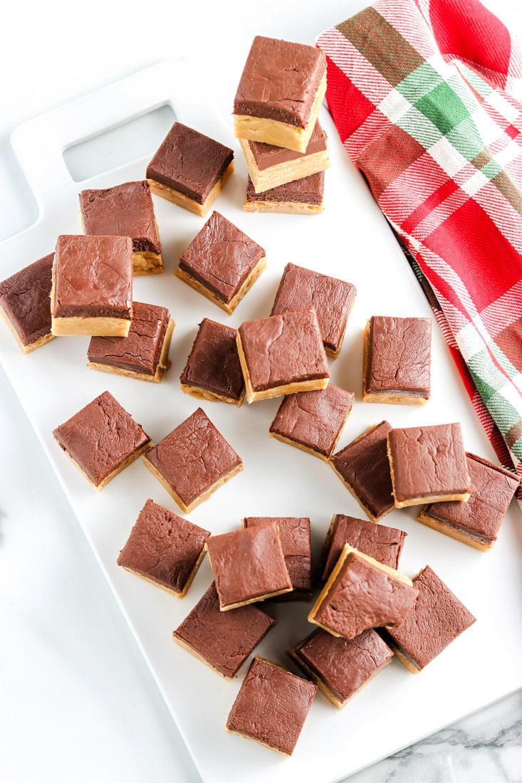 An overhead pice of piece of this Chocolate Peanut Butter Fudge.