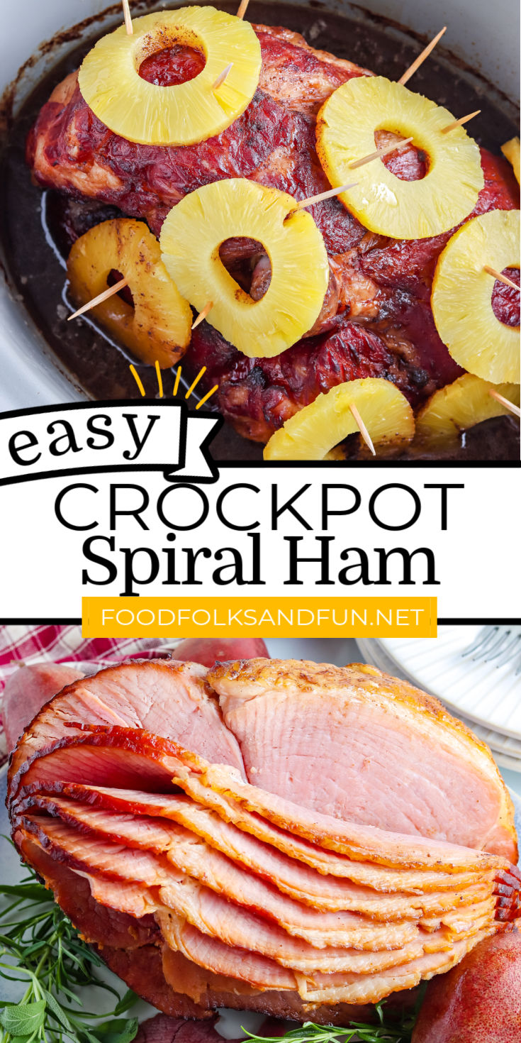 This Crockpot Spiral Ham recipe has a spiced brown sugar glaze and is covered with pineapple slices while it cooks. It’s the best and easiest way to make your holiday ham! via @foodfolksandfun