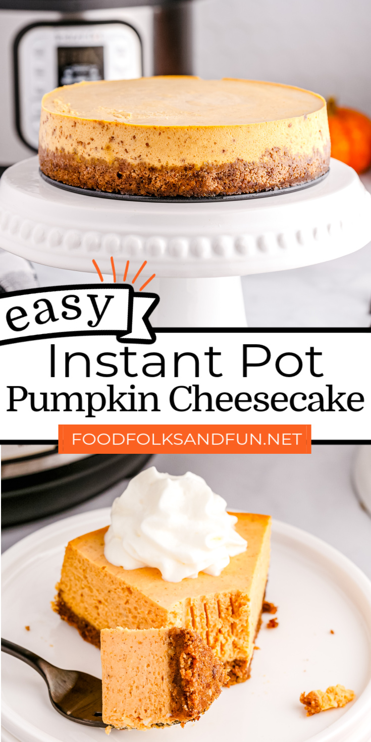 This Instant Pot Pumpkin Cheesecake is a fall, Thanksgiving, and Christmas classic. The cheesecake bakes up beautifully every time. via @foodfolksandfun