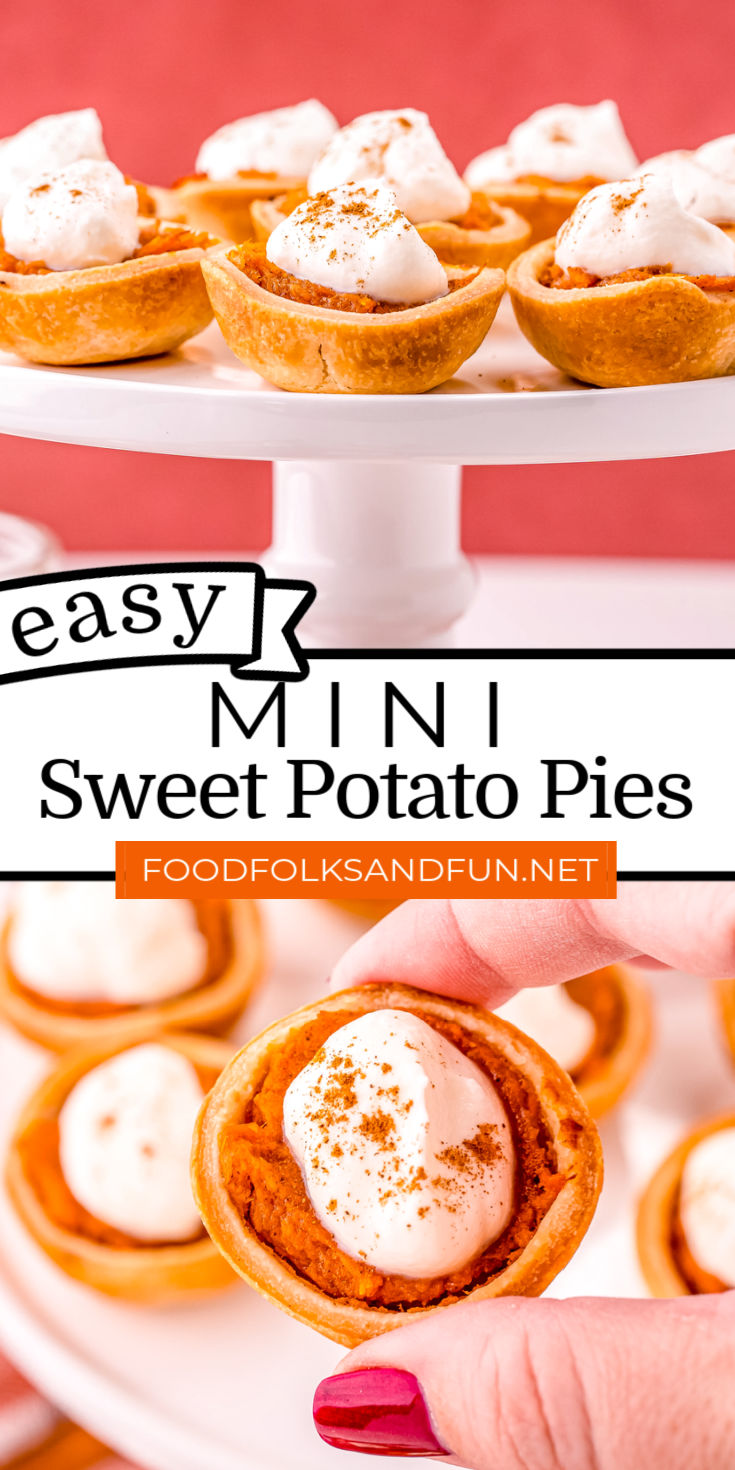 These Mini Sweet Potato Pies are made with premade pie crust, a perfectly spiced sweet potato filling, and topped with whipped cream or marshmallow fluff. via @foodfolksandfun