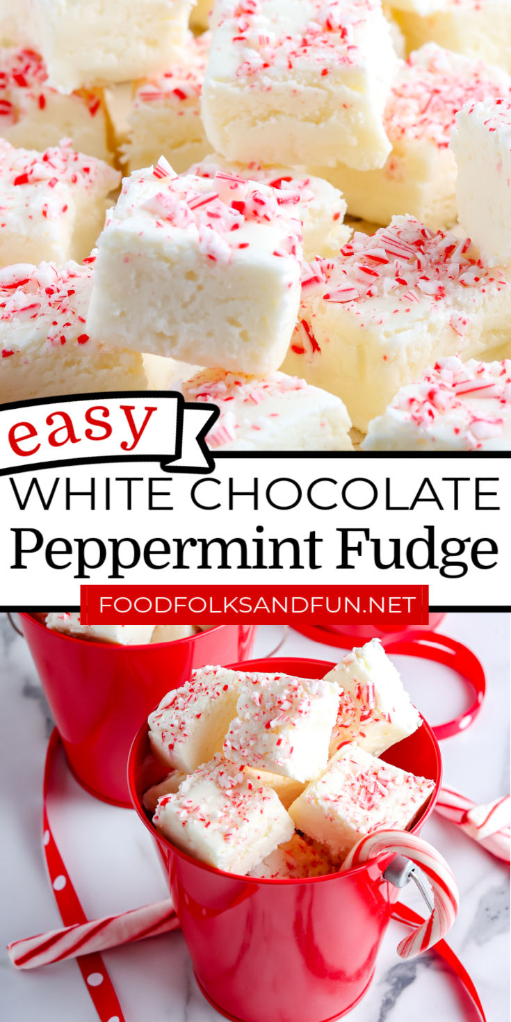 This White Chocolate Peppermint Fudge recipe is a soft, velvety fudge with a marshmallow creme base. It’s easy to make and perfectly festive for the holidays. via @foodfolksandfun