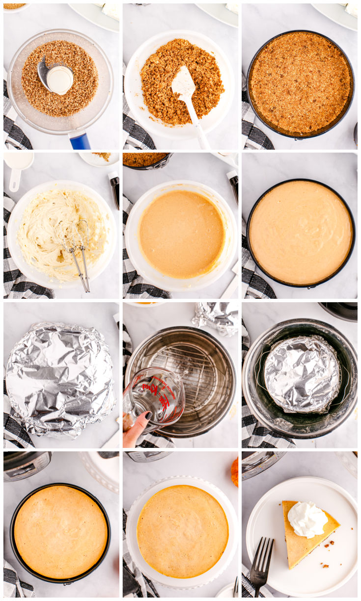 A picture collage showing how to make this Instant Pot Pumpkin Cheesecake recipe.