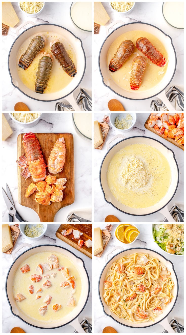 A picture collage showing how to make this Lobster Alfredo recipe.