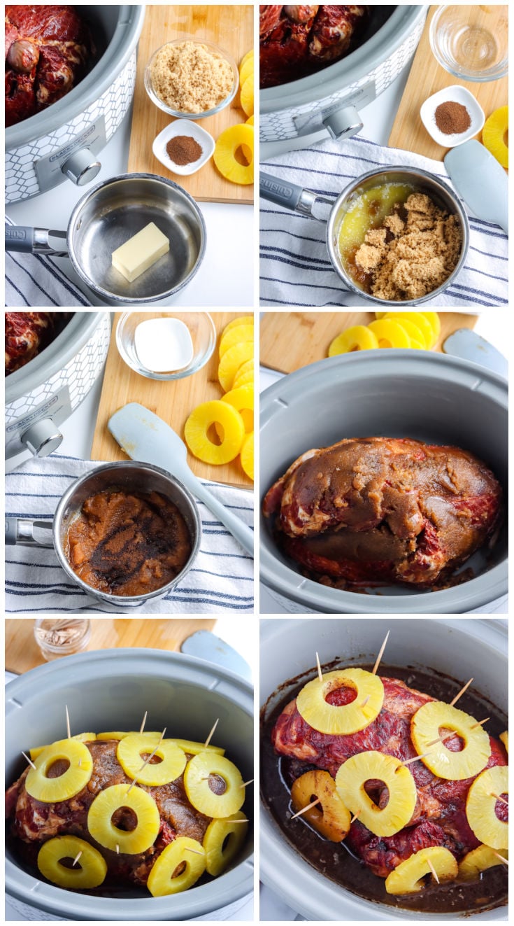 A picture collage showing how to make Crockpot Spiral Ham.