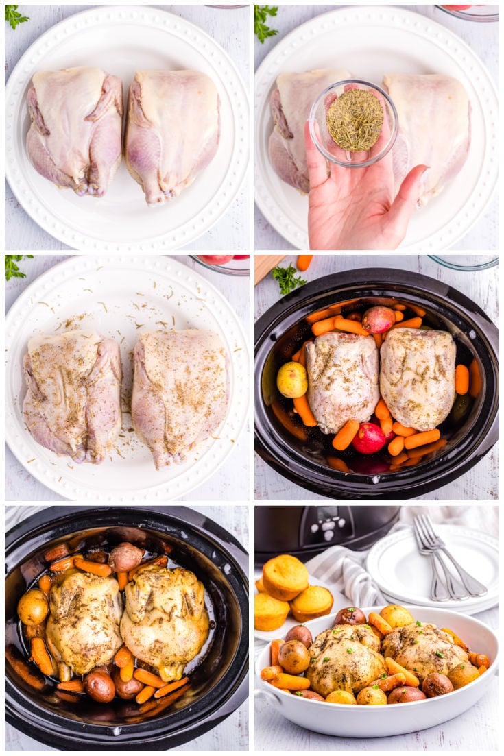A picture collage showing how to make this Slow Cooker Game Hens recipe.