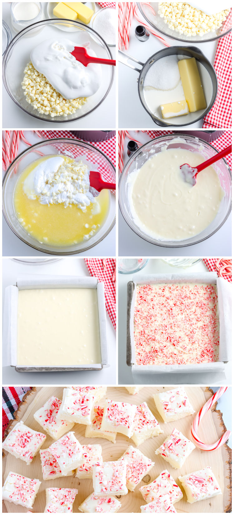 A picture collage showing how to make this White Chocolate Peppermint Fudge recipe.