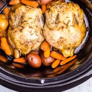 An overhead picture of the finished Slow Cooker Game Hens in the Crockpot.
