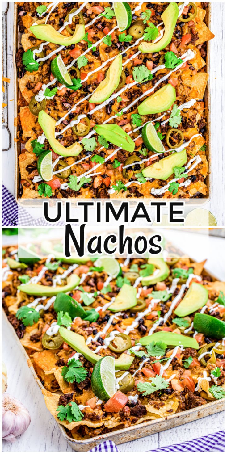 This Ultimate Nachos Recipe is made with a seasoned ground beef mixture that's loaded with ranch beans, black beans, onions, garlic, sour cream, jalapenos, avocados, cilantro, lime slices, and lots of melted cheese! via @foodfolksandfun