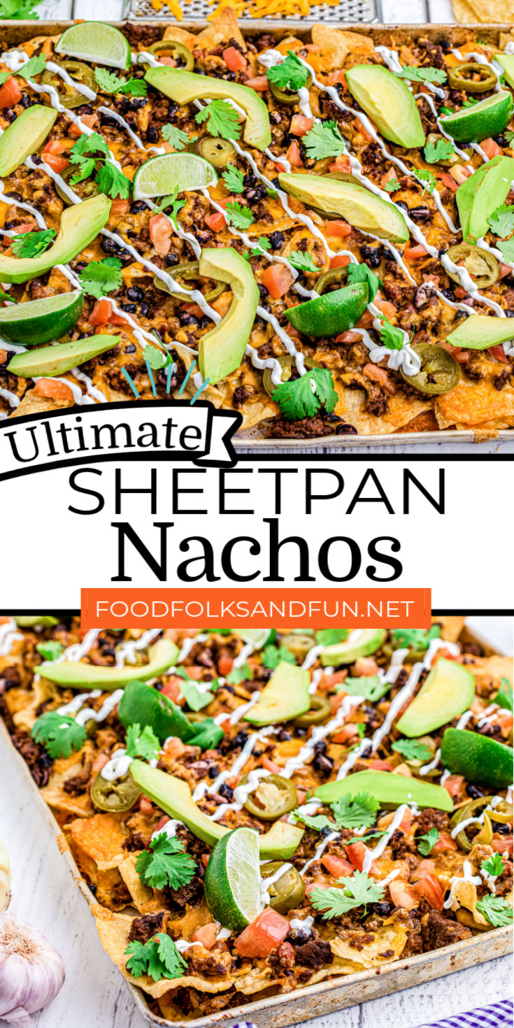 This Ultimate Nachos Recipe is made with a seasoned ground beef mixture that's loaded with ranch beans, black beans, onions, garlic, sour cream, jalapenos, avocados, cilantro, lime slices, and lots of melted cheese! via @foodfolksandfun