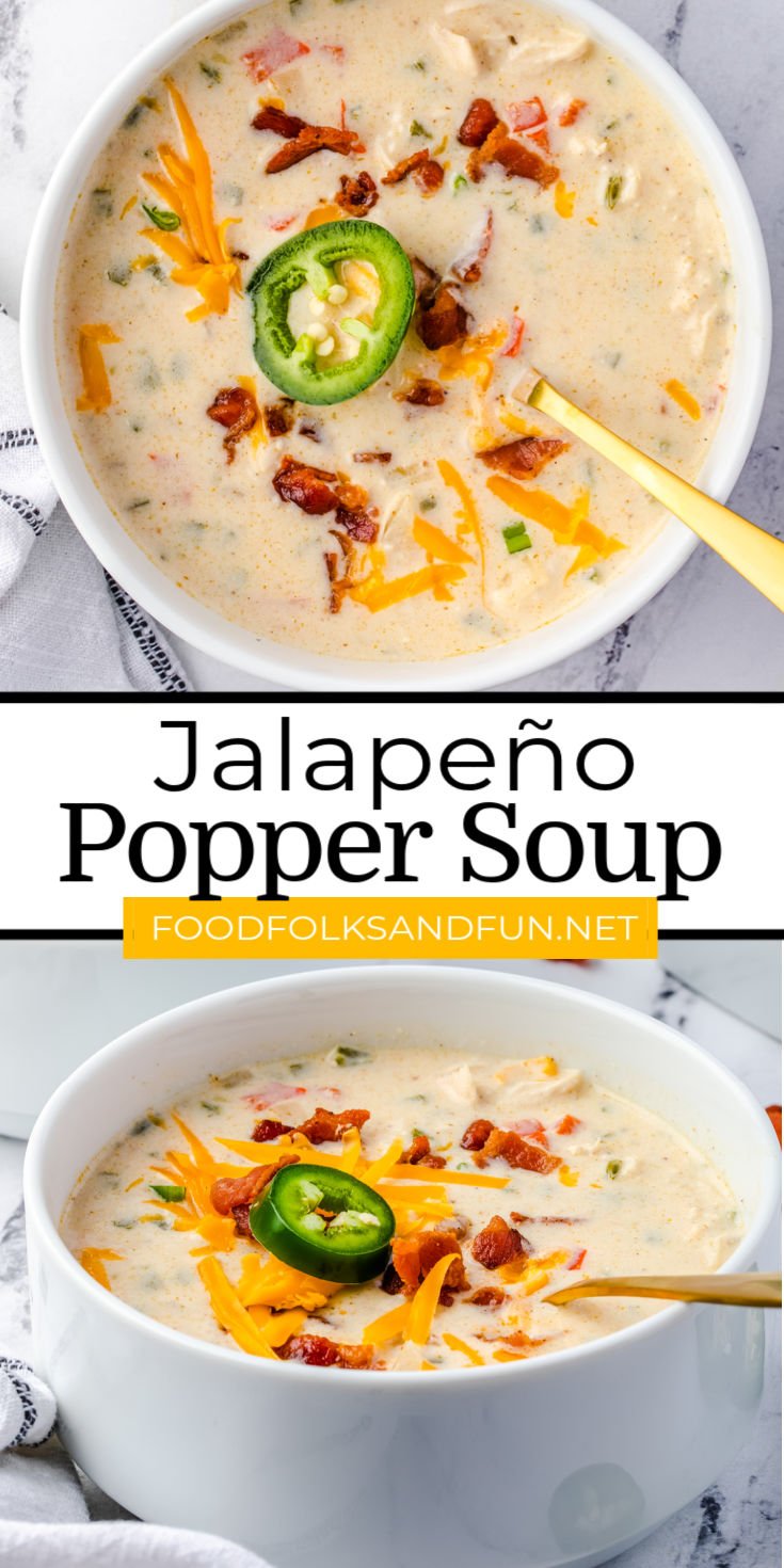 If you love jalapeno poppers, then you are going to love this Jalapeno Popper Soup! Loaded with vegetables and chunks of chicken, it is hearty enough to be served as a meal.  via @foodfolksandfun