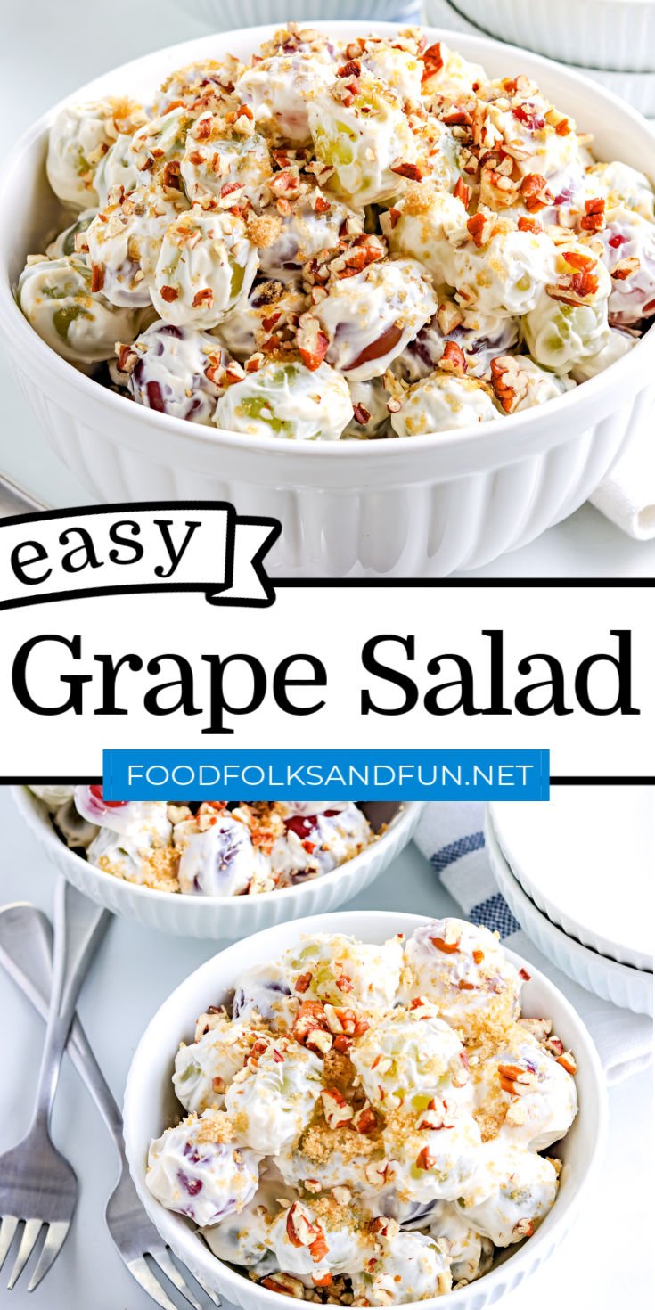 This cool and creamy Grape Salad recipe is made with cream cheese, sour cream, white and brown sugar, and pecans for a nice crunch. It’s a delicious fruit salad that’s both sweet and sour and always a crowd favorite. via @foodfolksandfun
