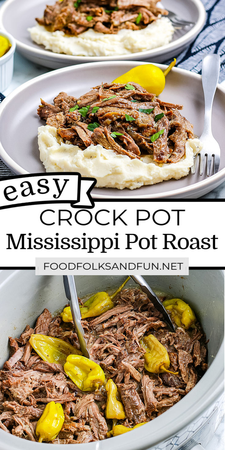 This Crock Pot Mississippi Pot Roast is the easiest and juiciest pot roast recipe ever! It’s full of flavor and takes just a handful of ingredients to make! via @foodfolksandfun