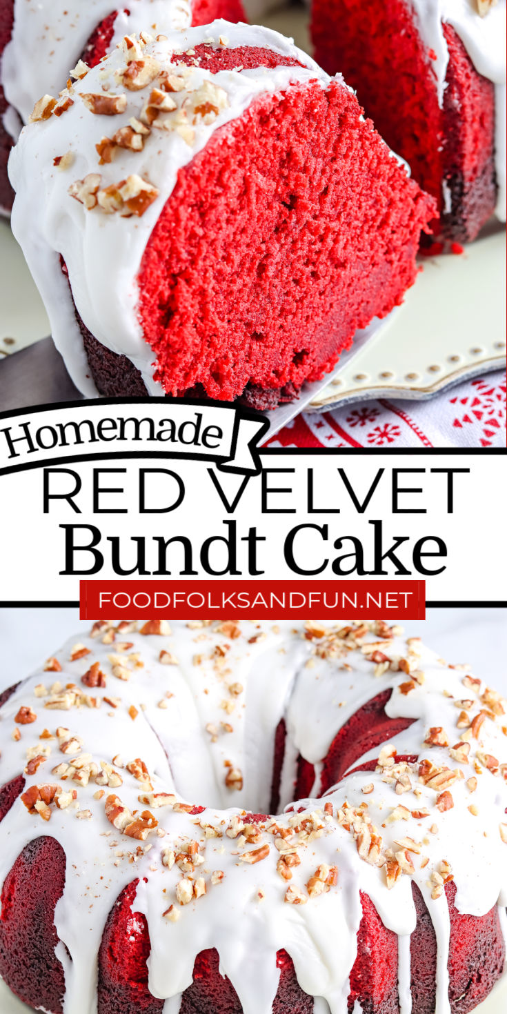 This Red Velvet Bundt Cake has a cream cheese glaze and is completely homemade. It's incredibly moist, and it’s the perfect cake for the holidays, Valentine’s Day, and year-round. via @foodfolksandfun