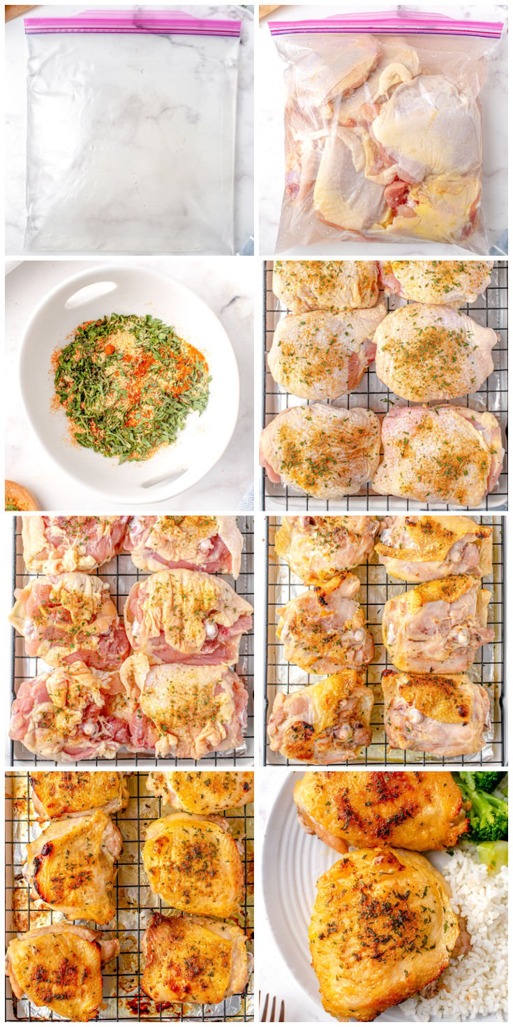 A picture collage showing how to broil chicken thighs.