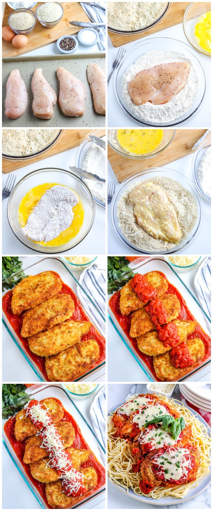 A picture collage showing how to make Chicken Parmesan.