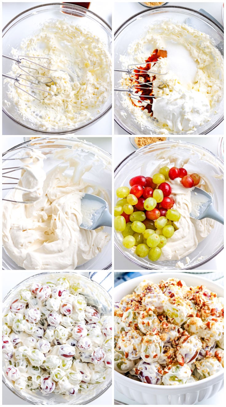 A picture collage showing how to make Grape Salad.