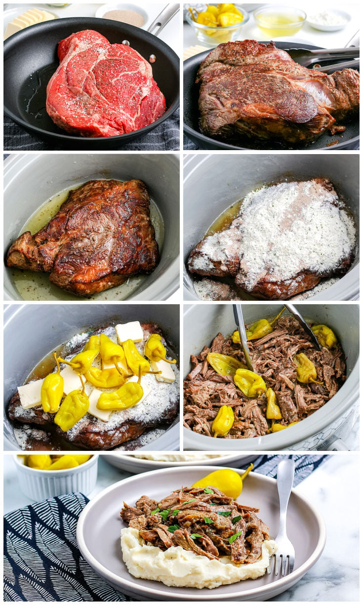 A picture collage showing how to make Mississippi Pot Roast.