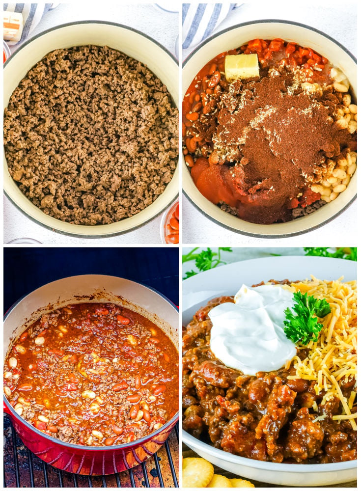 A picture collage showing how to make Smoked Chili.