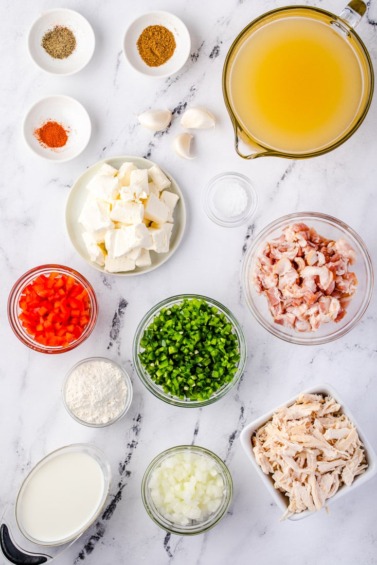 An overhead picture of all of the ingredients needed to make this Jalapeno Popper Soup.