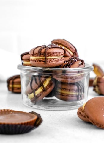 The finished Chocolate Peanut Butter Macarons in a class jar.