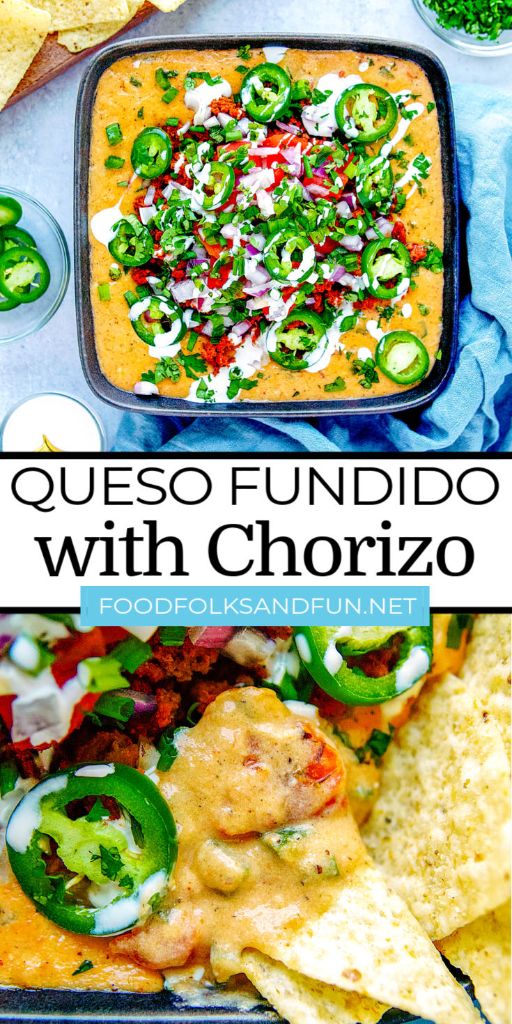 Queso Fundido con Chorizo is an appetizer made with melted Mexican cheese, spicy chorizo, fire-roasted tomatoes, jalapenos, onions, and cilantro. via @foodfolksandfun