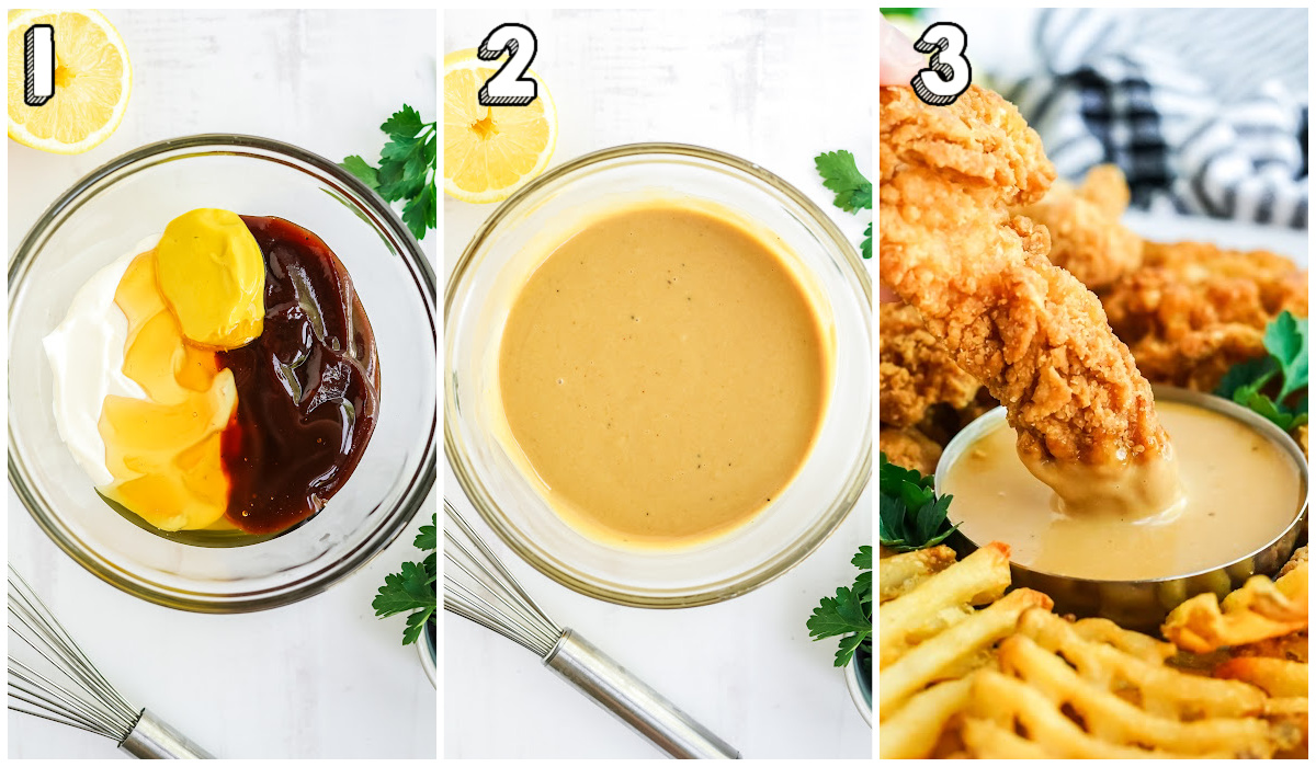 A picture collage showing how to make Chick Fil A Sauce