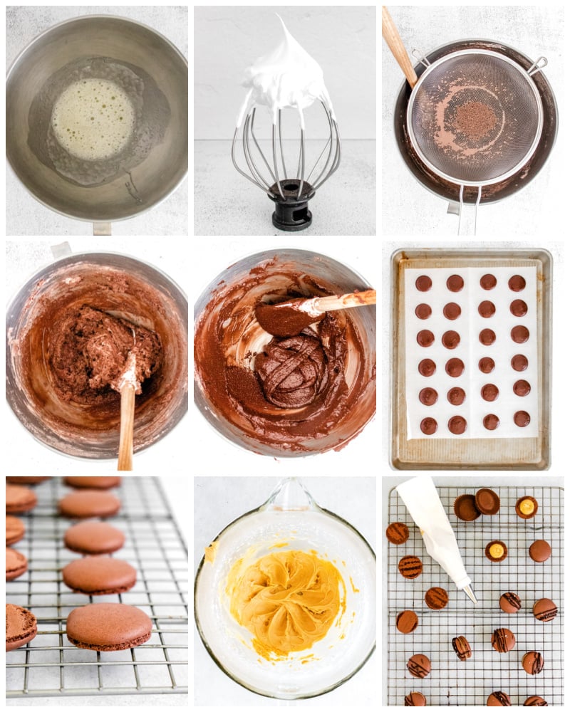 A picture collage showing how to make Chocolate Peanut Butter Macarons.
