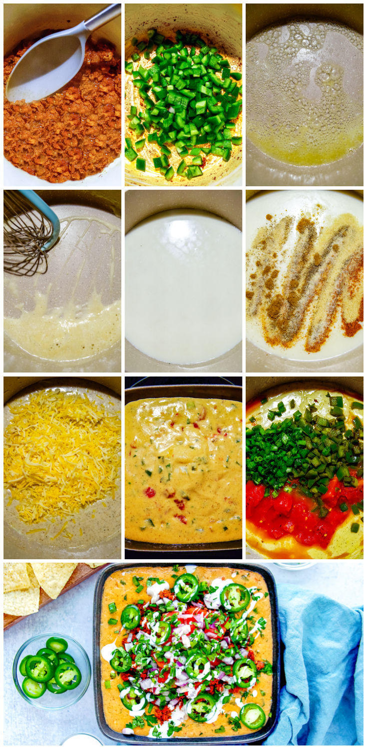 A picture collage showing how to make Queso Fundido.
