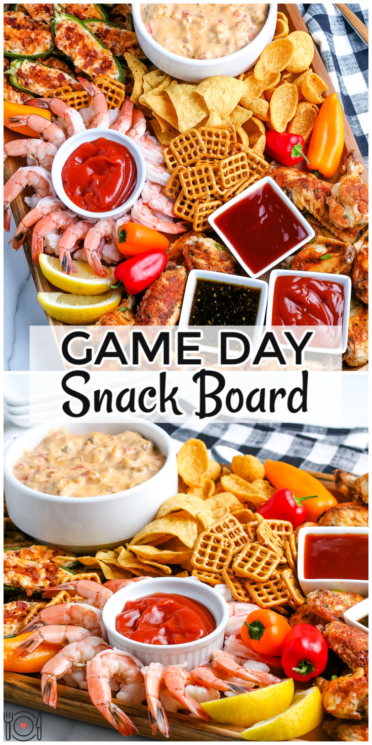 This Game Day Snack Board feeds a crowd. It's filled with homemade shrimp cocktail and sauce, jalapeno poppers, Rotel dip, and chicken wings. via @foodfolksandfun