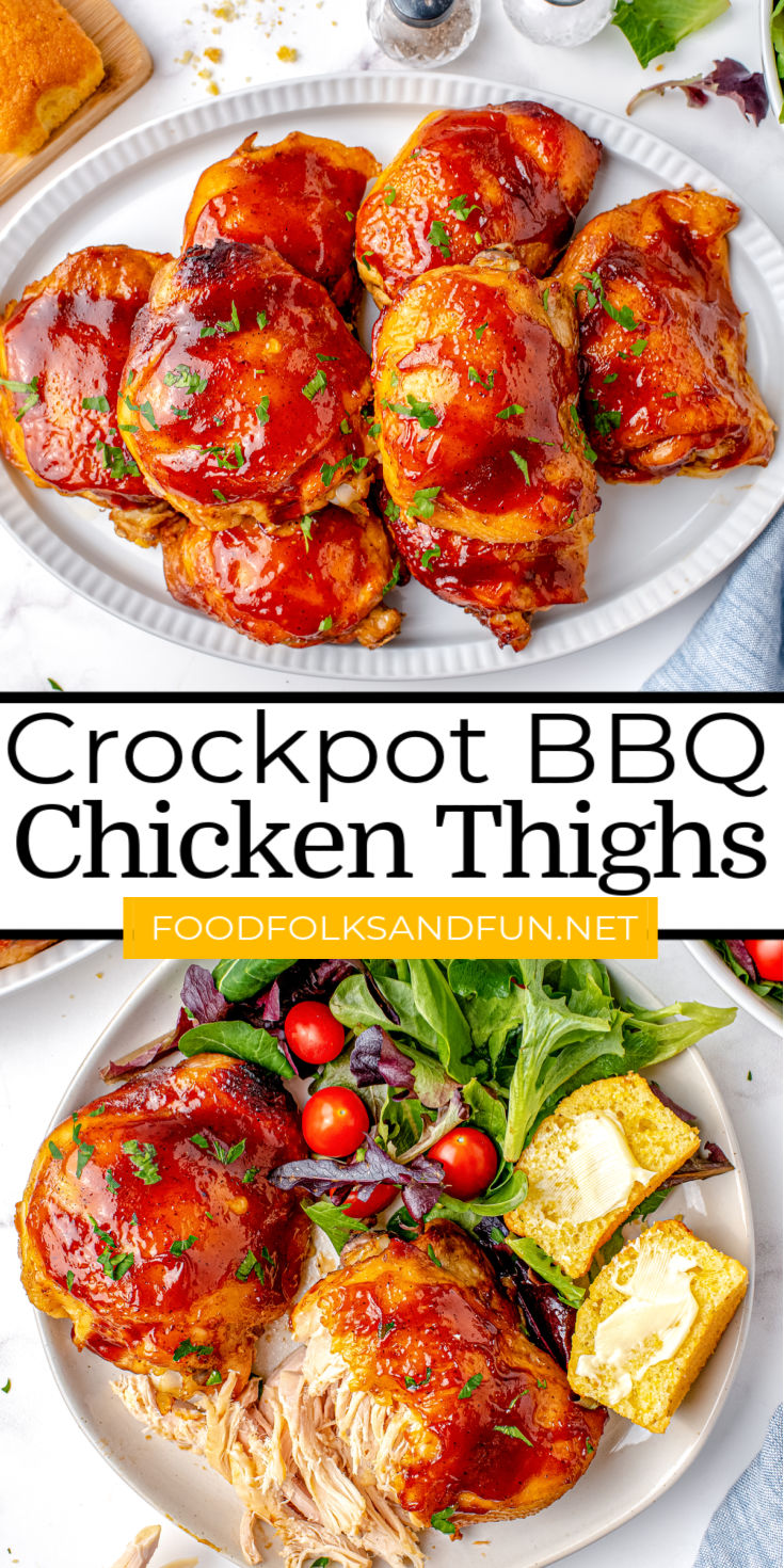 These Crockpot BBQ Chicken Thighs are ideal for busy weeknights. They're easy to prepare, require only 2 ingredients, and are easy on the budget. via @foodfolksandfun