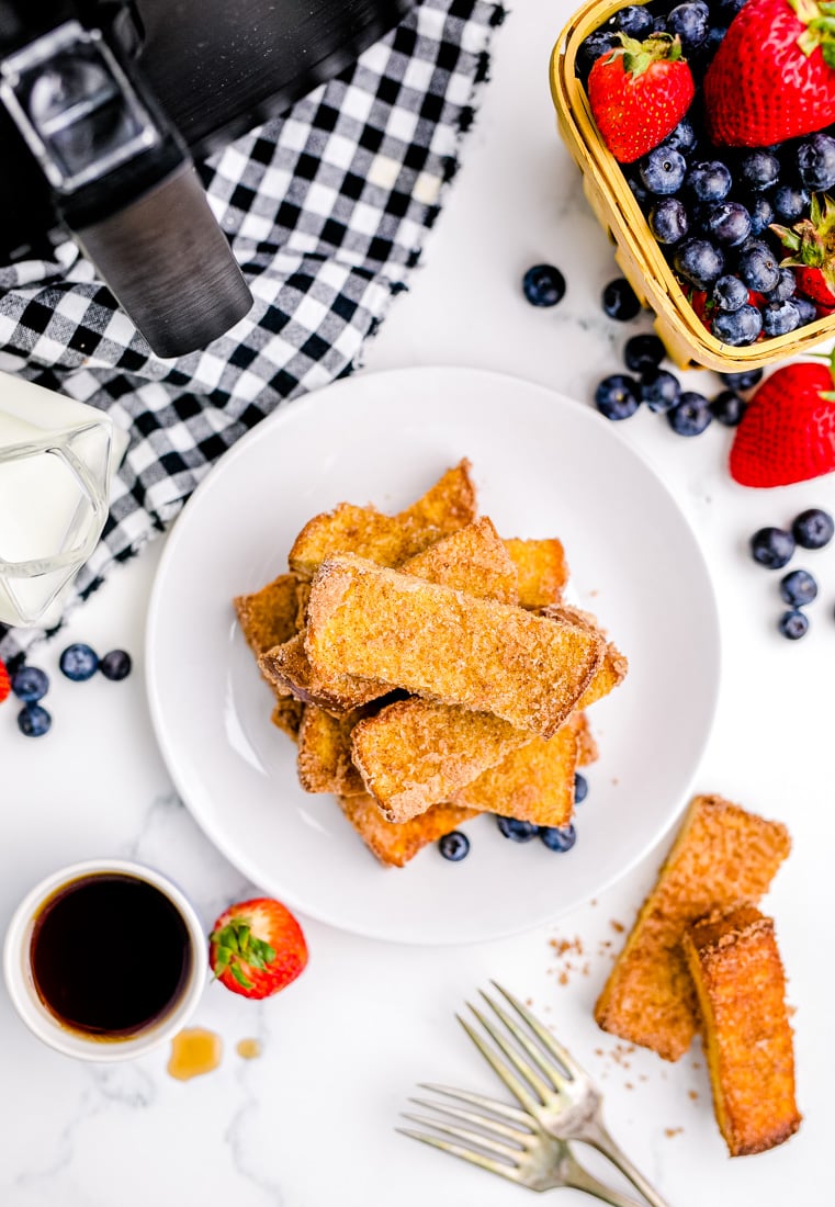 An overhead picture of a pile of Air Fryer French Toast Sticks.