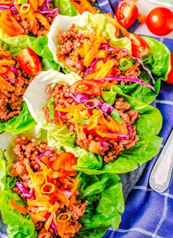 A close up overhead picture of the finished Ground Beef Lettuce Wraps on a serving platter.